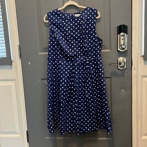 Women’s sleeveless blue dress with white polka dots. Size 16